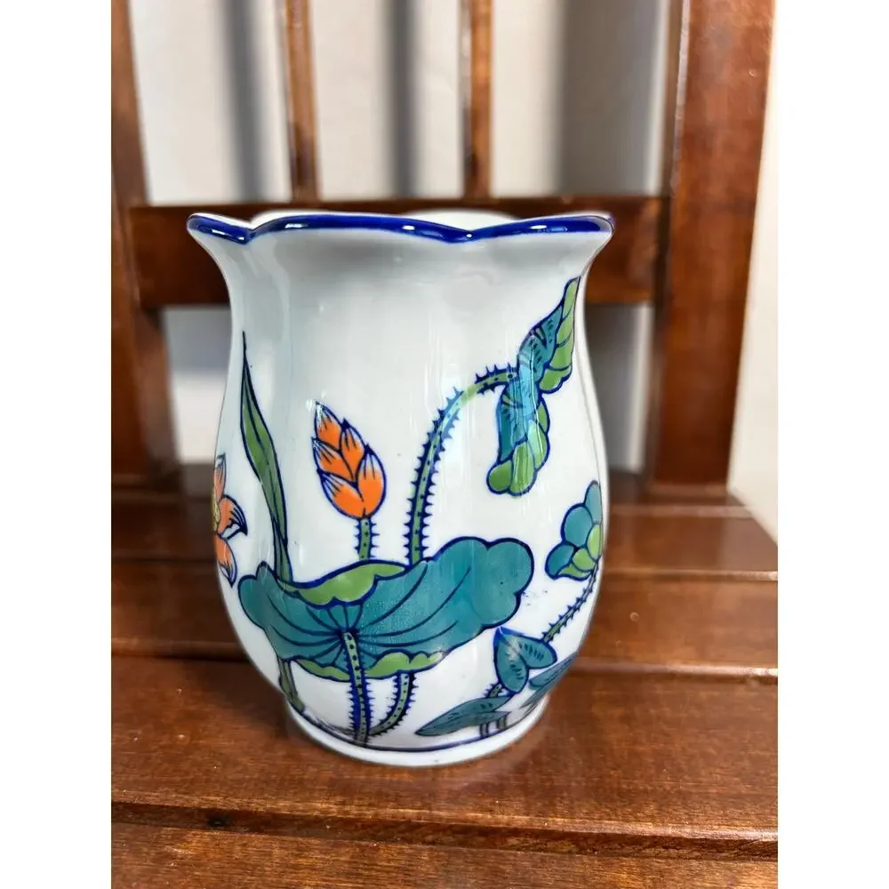 Vintage Chinese Porcelain Lotus Vase Hand Painted Blue White Scalloped Rim